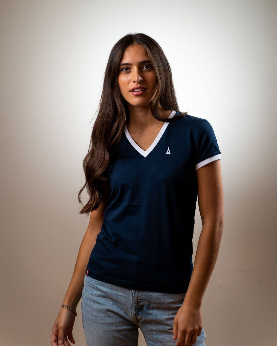 T-shirt Femmes, Bleu marine col V, Coton Bio